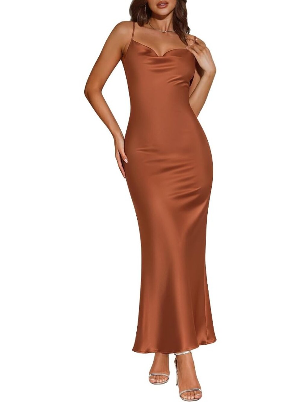 Women's Copper Elegant Cowl Neck Silk Slip Formal Wedding Guest Long Midi Dress